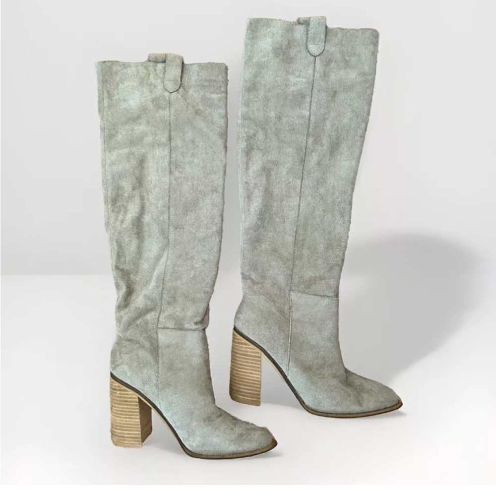 Oasis Society Brown/Beige Faux Suede 4” Tall Heeled Knee High Boots Size 7 Women - Picture 2 of 12